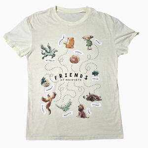Harry Potter Friends at Hogwarts Creatures T-Shirt Cream Ivory Sz M Dobby Hedwig
